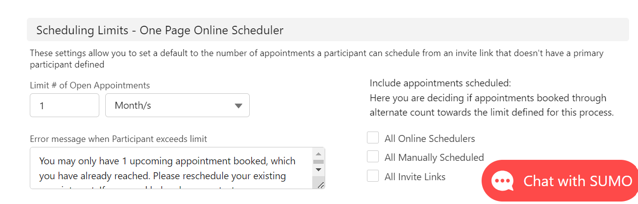 Modify the “limitations” options for appointment scheduler and event scheduler templates